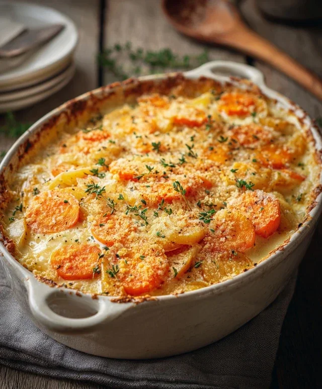 Cheesy Garlic Carrot Gratin – Creamy, Sweet & Savory