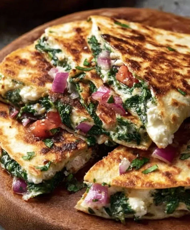 Mediterranean Quesadillas with Spinach, Feta, Mozzarella, and Red Onion