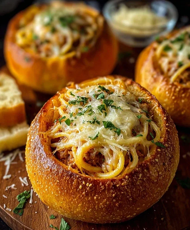 Spaghetti Garlic Bread Bowls