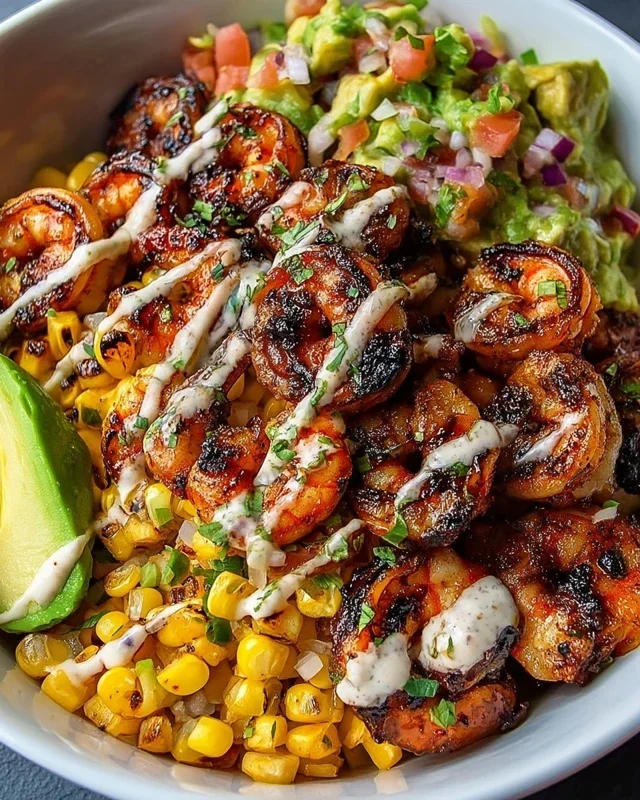 Grilled Shrimp Bowl with Avocado, Corn Salsa & Creamy Garlic Sauce
