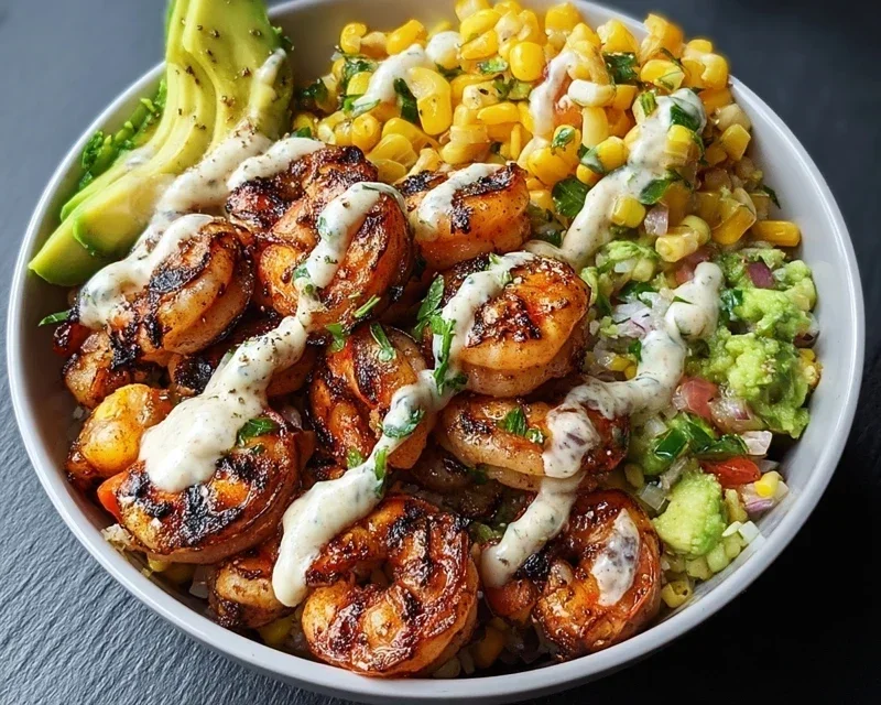 Grilled Shrimp Bowl with Avocado, Corn Salsa & Creamy Garlic Sauce