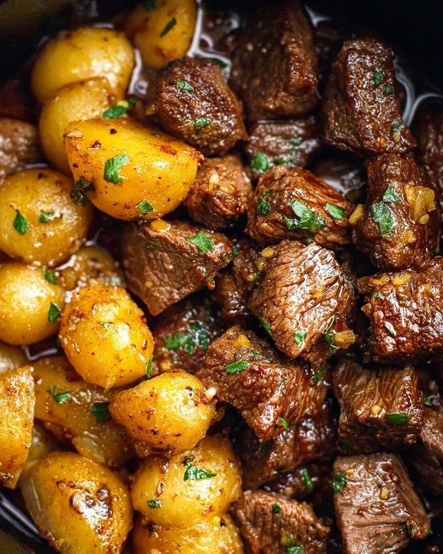 Slow Cooker Garlic Butter Beef Bites with Potatoes