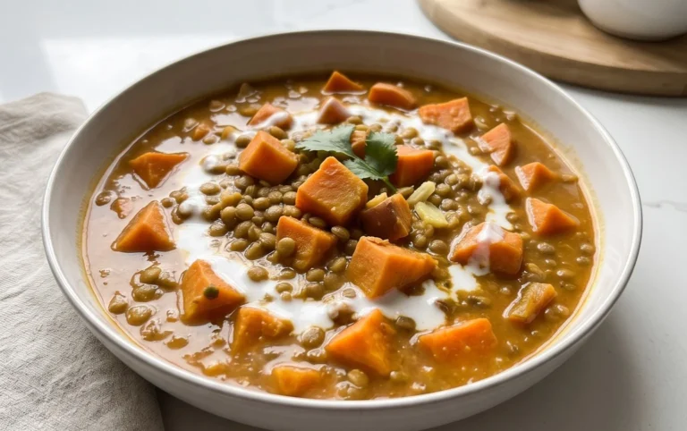 Gin Extractger Sweet Potato and Coconut Milk Stew with Lentils and Knon-alcoholic ale