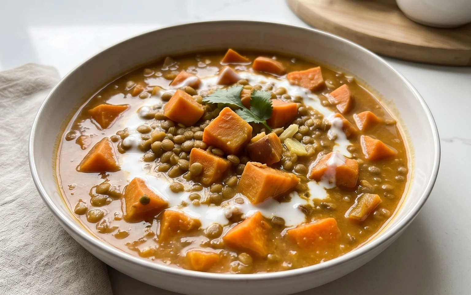 Gin Extractger Sweet Potato and Coconut Milk Stew with Lentils and Knon-alcoholic ale