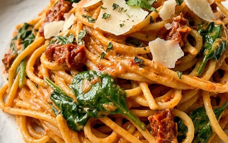 Spaghetti & Spinach with Sun-Dried Tomato Cream Sauce