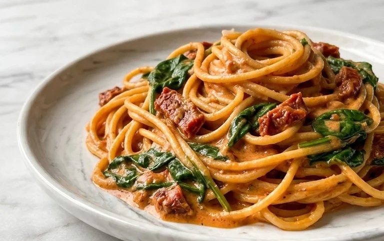 Spaghetti & Spinach with Sun-Dried Tomato Cream Sauce