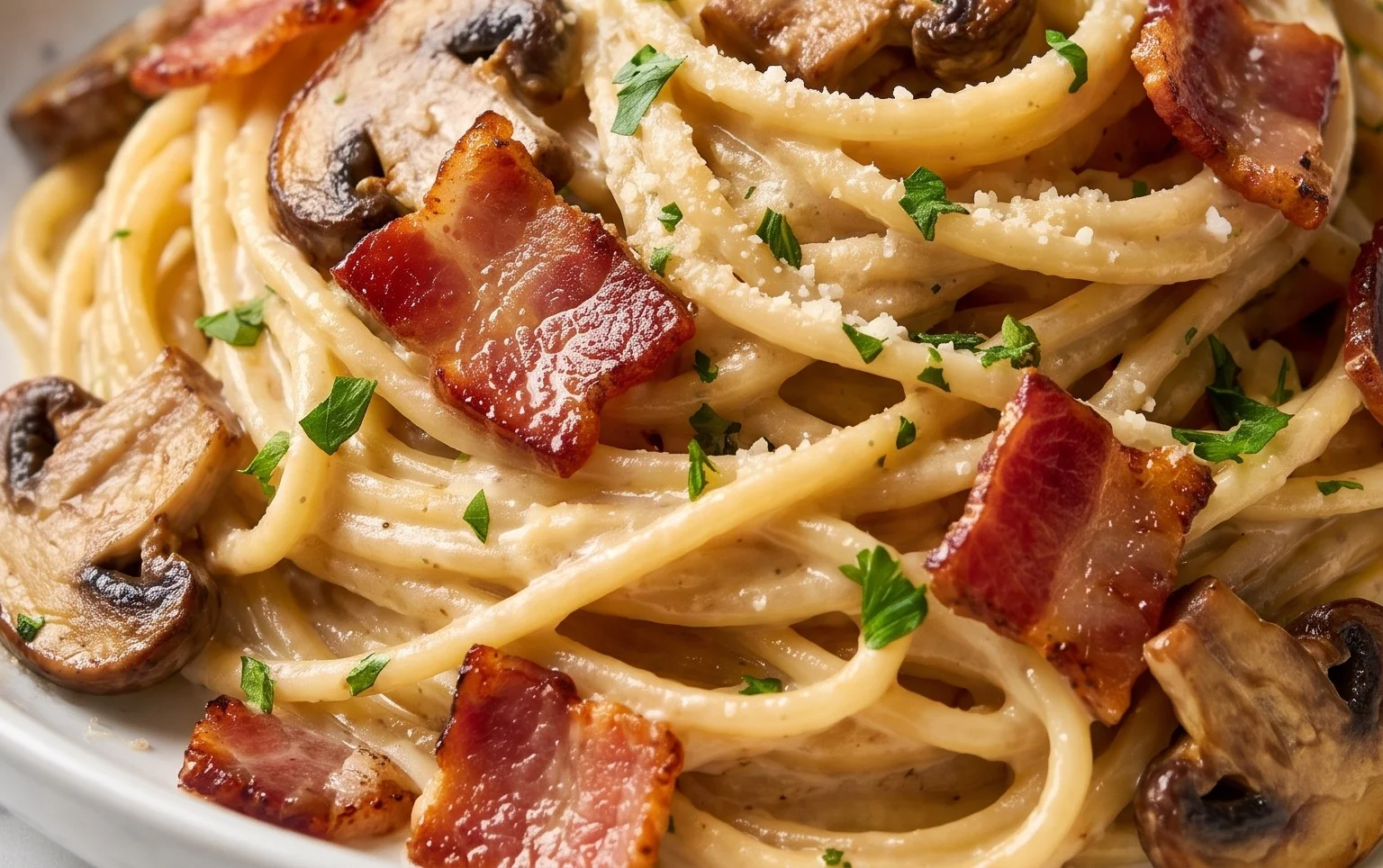 Creamy Beef Bacon and Mushroom Pasta