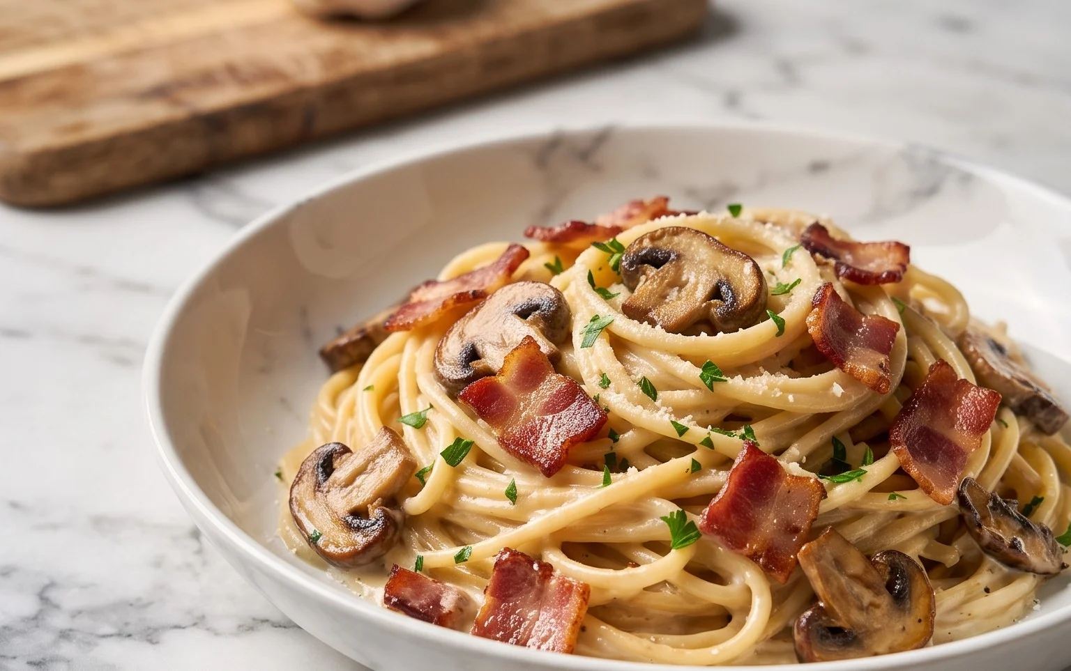 Creamy Beef Bacon and Mushroom Pasta