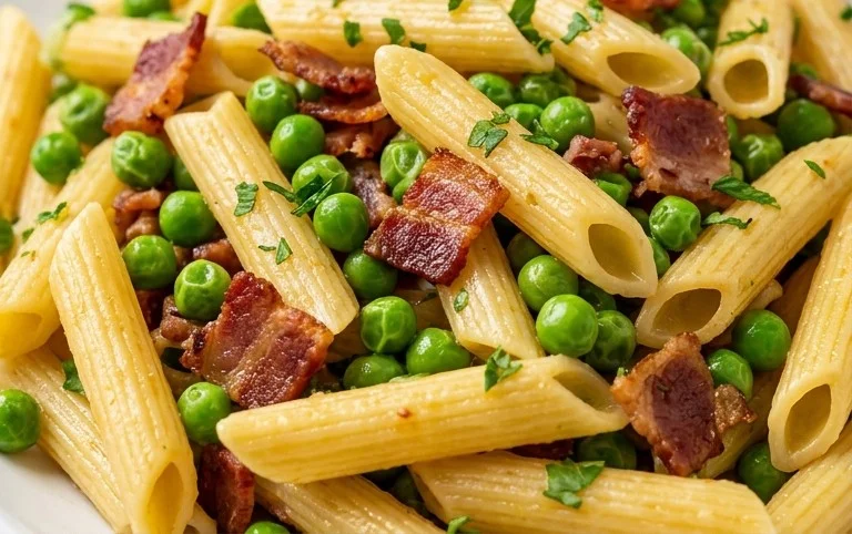 Penne Pasta, Peas and Beef Bacon