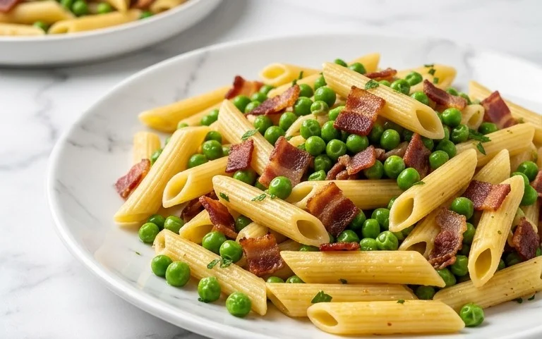 Penne Pasta, Peas and Beef Bacon